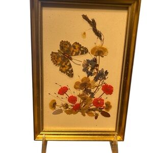 Framed Butterfly and Floral Art in Gold Frame